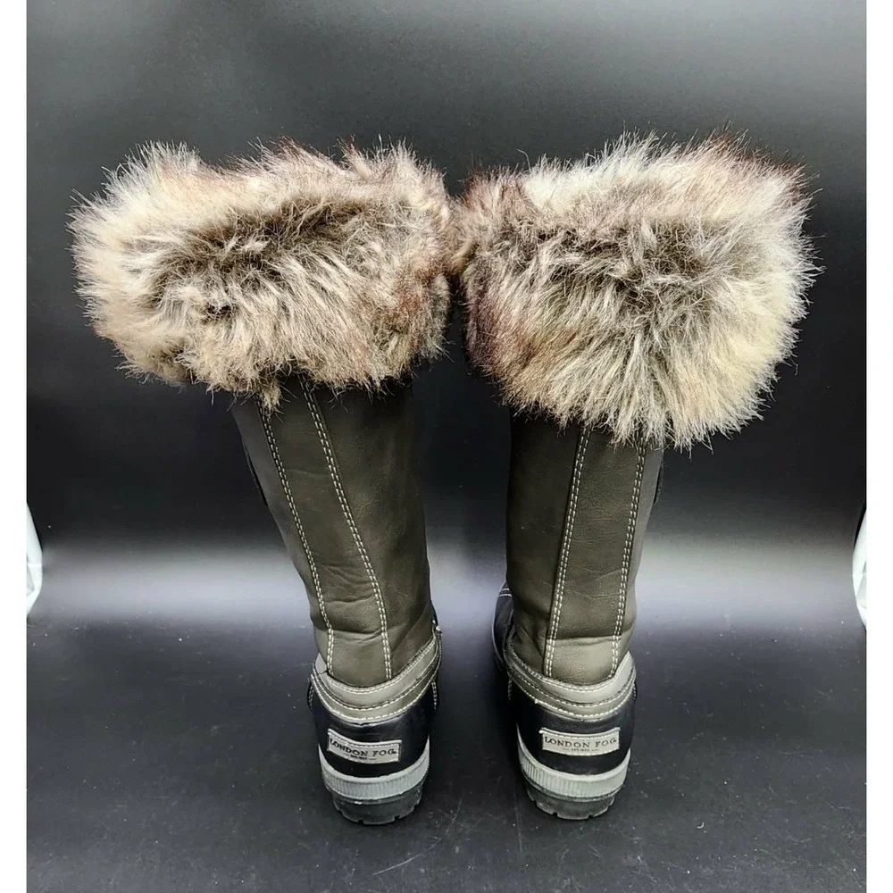 London Fog Melton Women Green Black Size 8 Winter Faux Fur Duck Boots Cozy